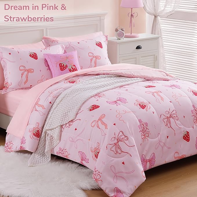 Twin Comforter Set for Girls-3 Pieces Pink Bow Twin Bedding Sets for Kids,1 Comforter,1 Sham and 1 Decor Pillow