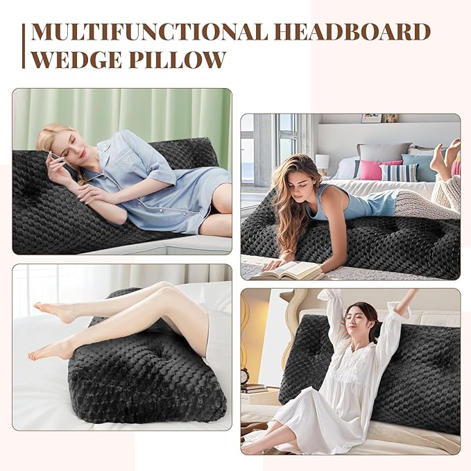 Large Headboard Wedge Pillow, 59 * 20 * 8In Bed Rest Reading Pillow, Back Support Long Pillow, Bed Bolster Rest Reading Pillow with Removable Cover (Black, Queen)