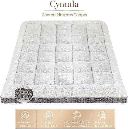 Cymula Full Size Mattress Topper for Winter Sherpa Pillow Top Mattress Pad Topper with 8-21 Inch Elasticated Deep Pockets, Plush Down Alternative Fill Mattress Protector, White