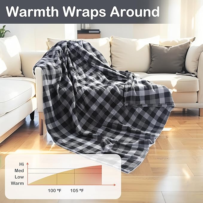 Electric Heated Blanket Full 72"x84", Soft Fleece with 10 Hours Auto-Off & 4 Heating Levels, Ultra-Soft, Warm Cozy, Machine Washable, Plaid Pattern, Dark Gray