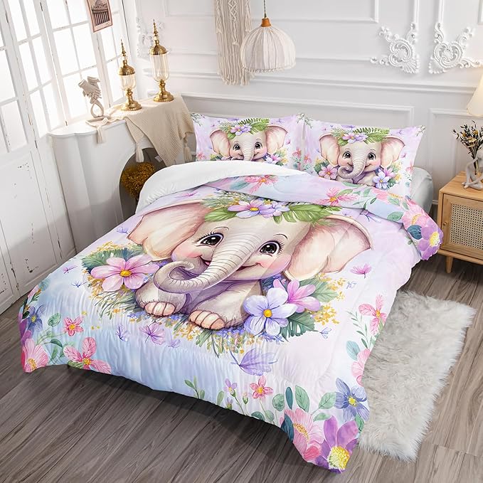 Elephant Flowers Comforter 3pcs Twin Wild Animals Pink Purple Kawaii Butterfly Bedding Kids Comforter Set for Boys Girls Cute Pattern Quilt Bed Set with 1 Comforter and 2 Pillowcases