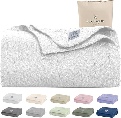 Cloud Scape Linen 100% Cotton Blanket Queen Size - Heavy and Soft, Season, Winter Cozy Thermal Blanket, Herringbone Weave, Best Gift for Women, fits Full Size Bed, 92x92, White