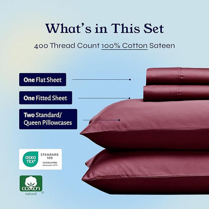 California Design Den Natural 100% Cotton Sheets, Soft Queen Sheet Set, 400 Thread Count Sateen, Deep Pockets with All-Around Elastic for a Snug Fit, Durable Bedding Set - Burgundy Red