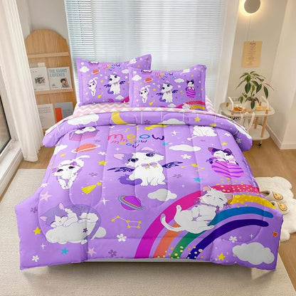 Kids Bedding 5-Piece Cat Comforter Sets Twin Size, Purple Bedding Set for Teens Kids Girls Bed in a Bag Cute Room Decor