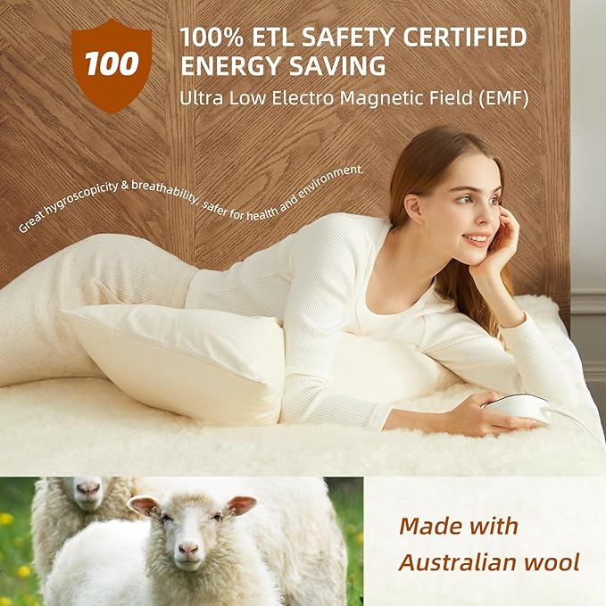 Bwarm Multi-Zone Heated Mattress Pad King Wool Electic Mattress Pad, Touchscreen Bed Warmer with 9 Heat Settings, 1-12 Hours Auto Off Memory Deep Pocket,Machine Wash White King 78" x 80"