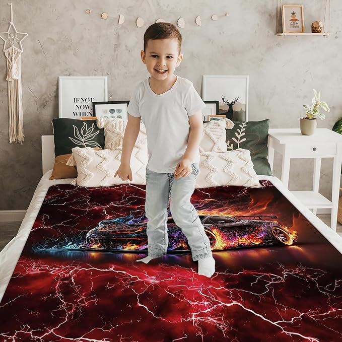 Kids Blanket for Boys Racing Blankets Cars Theme Gift, Cool Cozy Soft 60 x 50 Inches Flannel Throws for Bed Travel Sofa Living Room Decor