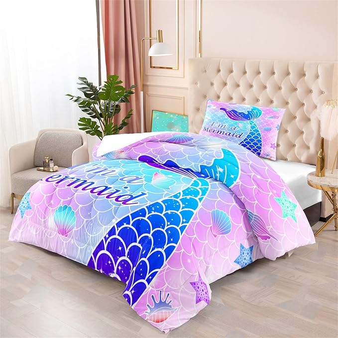 Twin Mermaid Bedding Sets for Girls Pink Mermaid Twin Comforter Set for Girls Soft Ocean Life Breathable Quilt with Pillowcase, 2Pcs
