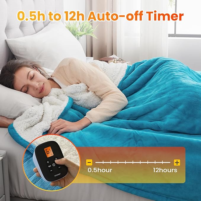 WOOMER Electric Heated Blanket Twin Size, Soft Flannel Fast Heating Blanket, Teal Color, 62"x 84", 10 Heating Levels & 0.5-12H Auto Off, Over-Heat Protection