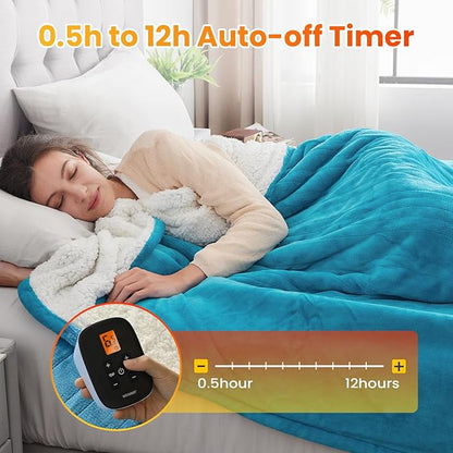WOOMER Electric Heated Blanket Twin Size, Soft Flannel Fast Heating Blanket, Teal Color, 62"x 84", 10 Heating Levels & 0.5-12H Auto Off, Over-Heat Protection