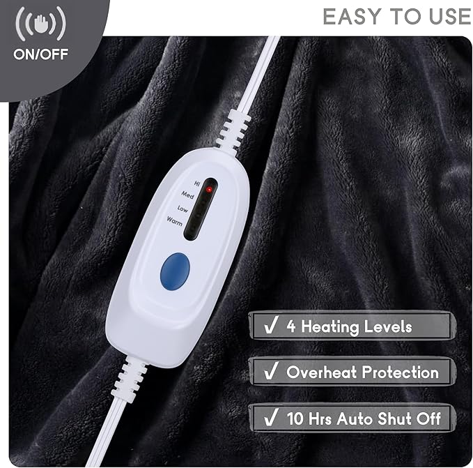 Heated Electric Blanket Full Size 72''x84'',Soft Flannel Heating Blanket with 10 Hour Auto Off - 4 Heat Settings - Machine Washable - Dark Gray