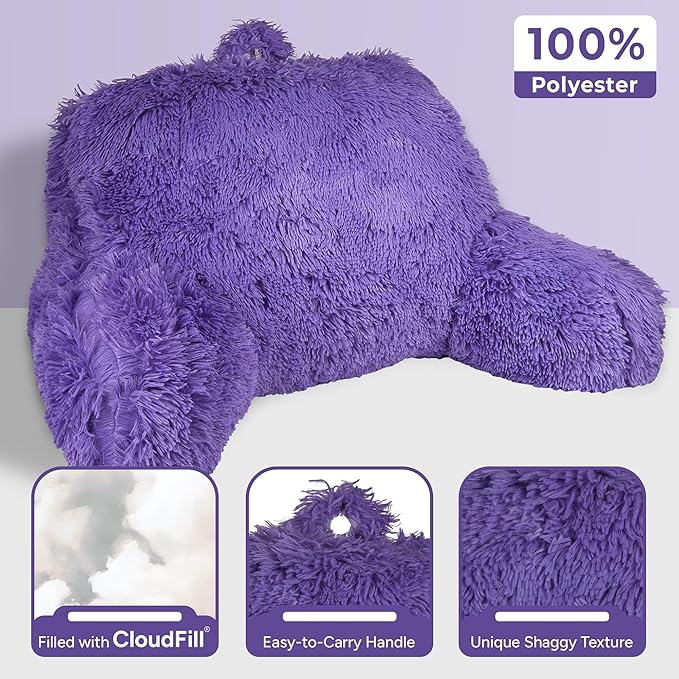 Klear Vu Shaggy Reading Pillow Back Rest Body Pillow for Adults and Kids, Lumbar and Arm Support on Bed, Chair, Couch, Sofa and Floor, 30" x 21", One Size, Purple Rain