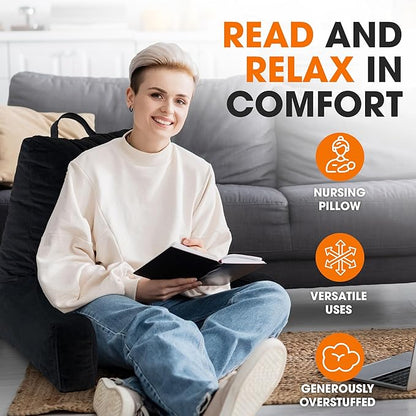 Cheer Collection Reading Pillow with Arms – Portable Bed Pillow for Sitting Up & Support, Hollow Fiber-Filled Back Rest Pillow for Sitting in Bed & Couch, Machine Washable, Black
