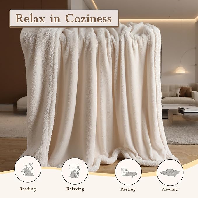 Electric Heated Blanket Flannel & Sherpa 50"x60" Throw Size - 4 Heat Levels, 10H Auto Shut Off, Fast Heating, Cozy and Comfortable, Warm Gifts, Machine Washable - White