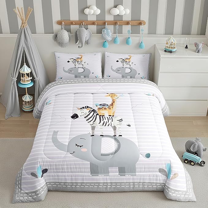 Cute Animals Kids Comforter Set Cartoon Elephant Zebra Giraffe Bedding Set Queen Size for Boys Girls Teens Bedroom Decor Grey White Geometric Stripes Quilted Duvet All Season Duvet Insert 3pcs