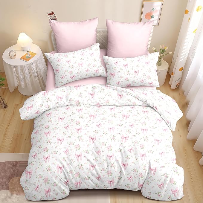 Duvet Cover Twin 2Pcs Pink Floral Bow Bedding Set for Girls Kids,Cute Princess Style Bowknot Bedding,Ultra Soft Garden Flower Bedding with 1 Pillowcase(No Comforter)