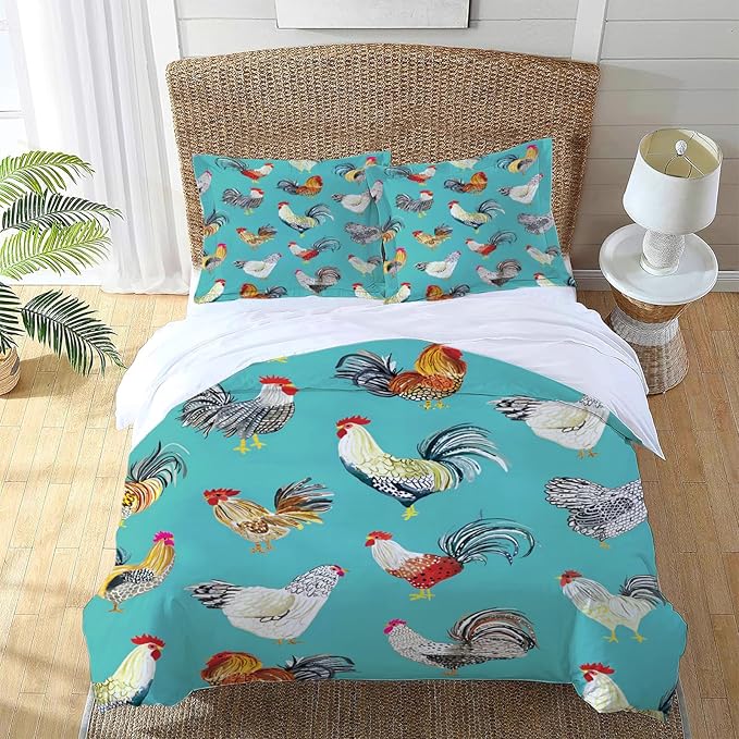 Farmhouse Chicken Theme 3 Pieces Duvet Cover Comforter Set with 2 Pillowcase Twin Size Farm Rooster Bed Sheet Quilt Bedroom Bedding for Lover Kids
