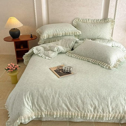 BuLuTu Ruffled Lace Duvet Cover Set Twin, Romantic Green Floral Bedding Set 100% Muslin Cotton Coquette Aesthetic Flower Comforter Cover Shabby Chic Cute Duvet Cover with Zipper Closure