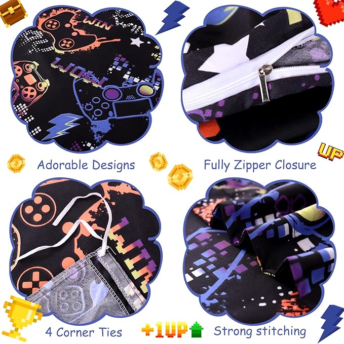 JSD Black Gamer Kids Duvet Cover Set Queen Size, 3 Piece Teens Printed Microfiber Comforter Cover with Pillow Sham Zipper Closure, Comforter Not Included