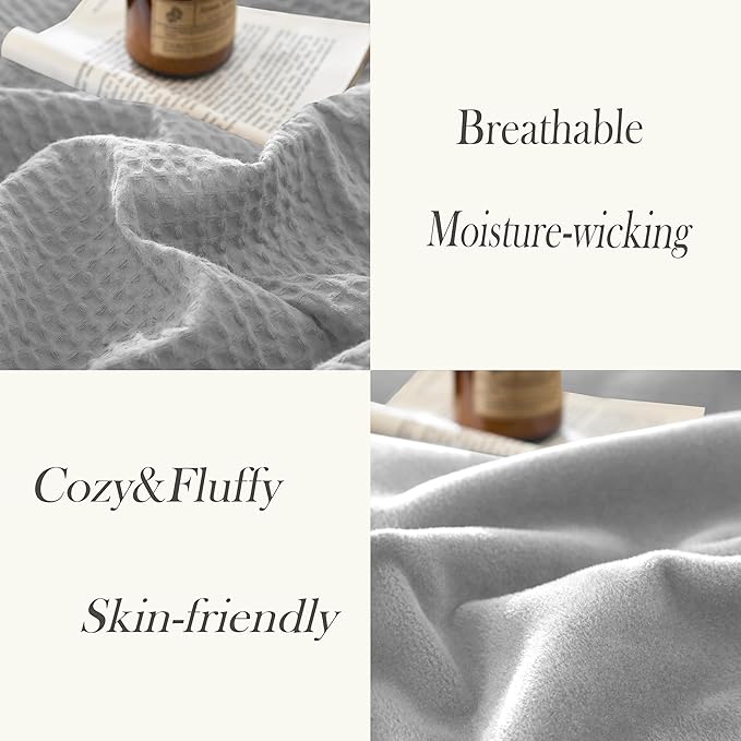 CHUFFED Cotton Waffle Blanket Queen Size-Plush Milk Velvet & Reversible Waffle Weave,Anti-Static 500Gsm Design，Thick Cozy Soft Winter Blanket for Bed, Couch, Sofa - Grey, 90x90 Inches