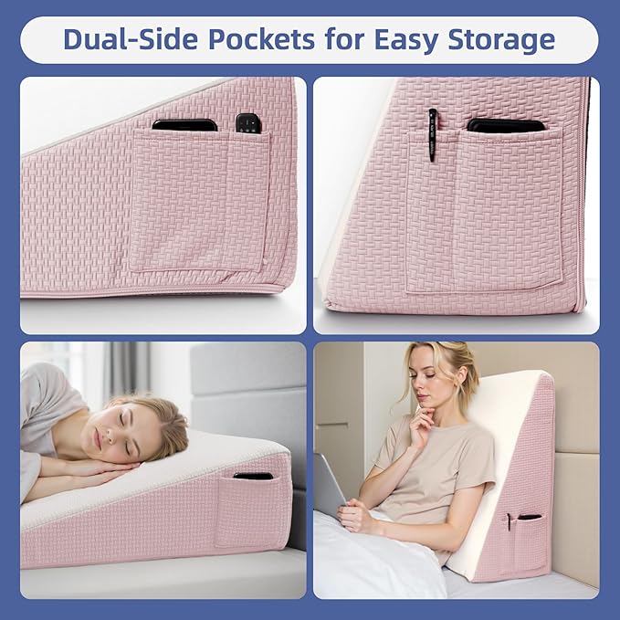 Wedge Pillow for Headboard, 12’’ Triangle Elevated Bed Wedge Pillow for Acid Reflux Relief, Sleeping, Post Surgery, Back Pain Relief, Snoring, Soft Memory Foam Top & Washable Breathable Cover, Pink