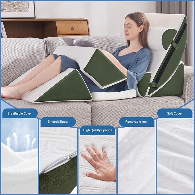 Wedge Pillow Set for After Surgery, 7 PCS Bed Wedge Pillow for Sleeping, Memory Foam Orthopedic Back Pillow for Pain Relief and Acid Reflux, Adjustable Post Surgery Pillow Green