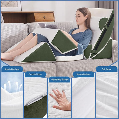 Wedge Pillow Set for After Surgery, 7 PCS Bed Wedge Pillow for Sleeping, Memory Foam Orthopedic Back Pillow for Pain Relief and Acid Reflux, Adjustable Post Surgery Pillow Green