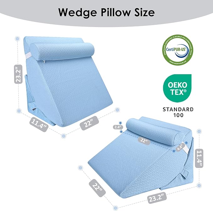 Bed Wedge Pillow for Sleeping, 3PCS Wedge Pillow Set for After Surgery, Adjustable 7 &12 inch Pillow Wedges for Acid Reflux Relief, Back Pain Relief, Sleep Apnea, Sitting Up, Headboard (Light Blue)