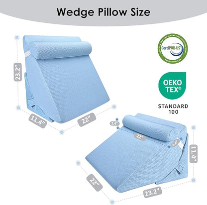 Bed Wedge Pillow for Sleeping, 3PCS Wedge Pillow Set for After Surgery, Adjustable 7 &12 inch Pillow Wedges for Acid Reflux Relief, Back Pain Relief, Sleep Apnea, Sitting Up, Headboard (Light Blue)