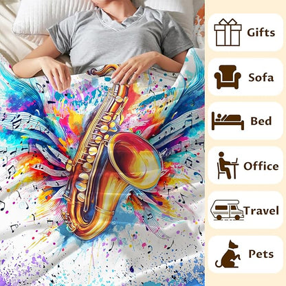 Music Saxophone Blanket for Kids Teens Adults, Music Note Throw Blanket Gifts for Music Lovers Boys Girls, 60x80 Inches Soft Flannel Blanket Music Decor for Bed Couch Sofa Home