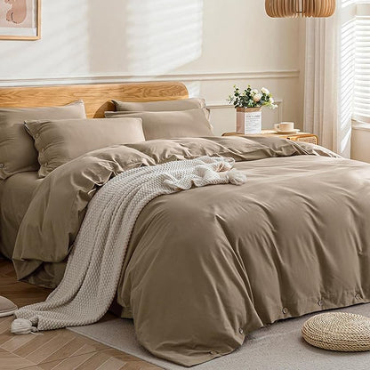 JELLYMONI Cotton Duvet Cover Full Size - Khaki Comforter Cover with Button 100% Washed Cotton 3PCS Breathable Soft Solid Bedding Set Duvet Cover 80×90in & 2 Pillowcases (NO Comforter)