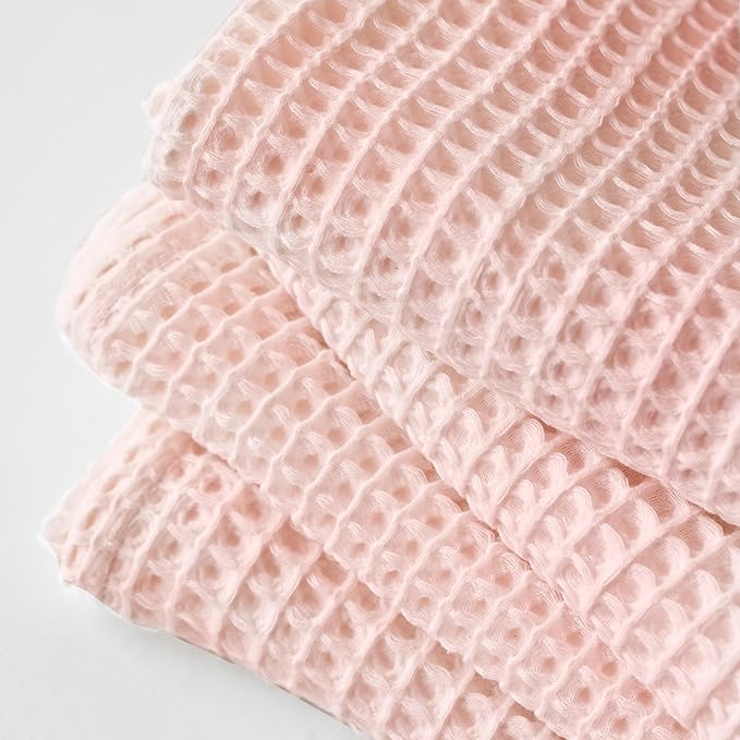 100% Turkish Cotton Waffle Blanket King Size Pink - Premium Quality, Light and Airy Waffle Weave All-Season Quilt - Lux Decorative Bedspread (Pink Powder, King Size 95" x 110" Inch)