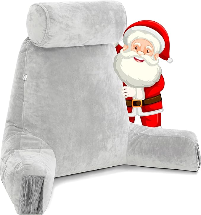 Husband Pillow Medium Light Grey, Backrest for Kids, Teens, Petite Adults - Reading Pillows with Arms, Adjustable Loft, Plush Memory Foam, Bed Rest Chair Sitting Up, Detach Neck Roll, Removable Cover