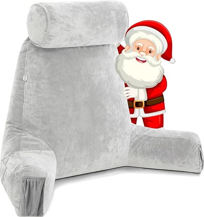 Husband Pillow Medium Light Grey, Backrest for Kids, Teens, Petite Adults - Reading Pillows with Arms, Adjustable Loft, Plush Memory Foam, Bed Rest Chair Sitting Up, Detach Neck Roll, Removable Cover