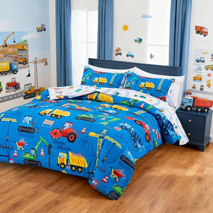 Holawakaka Trucks Excavator Cars Boy Bedding Comforter Set with Sheets, Twin Size Cartoon Construction Car Tractors Print Kids Bed in A Bag 5-Piece, Boys Reversible Dorm Bed Sets (Blue Twin)