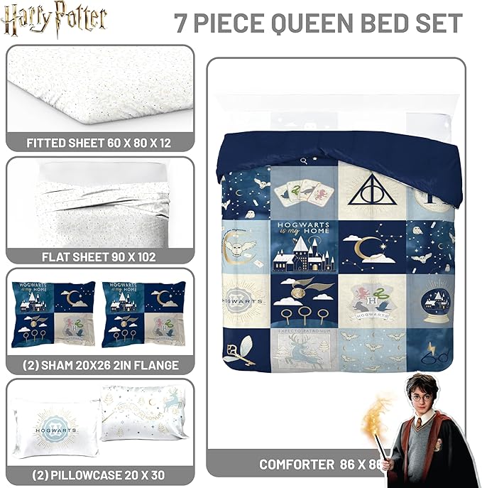 Jay Franco Kids Comforter Set Includes Sheets and Pillow Covers - Soft and Cozy Bed Set for Stylish Room Decor, Multi - Harry Potter, 7 Piece Queen Size Bedding