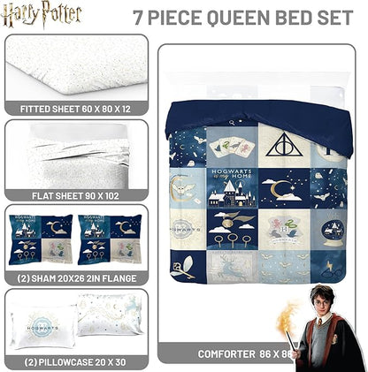 Jay Franco Kids Comforter Set Includes Sheets and Pillow Covers - Soft and Cozy Bed Set for Stylish Room Decor, Multi - Harry Potter, 7 Piece Queen Size Bedding