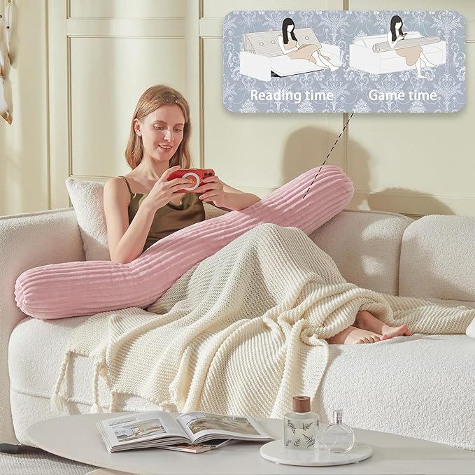 Headboard Wedge Pillow + A Long Neck Roll Pillow Body Pillow，Large Headboard Pillow with Removable Cover (Pink, Twin：39x8x20 inches)
