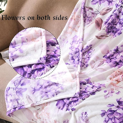 Floral Throw Blanket Birthday Gift for Women Mom Girls Violet Flowers Blanket Summer Wildflower Flannel Blanket Watercolor Printed Throw for Couch Sofa Bed Chair 60"x80"