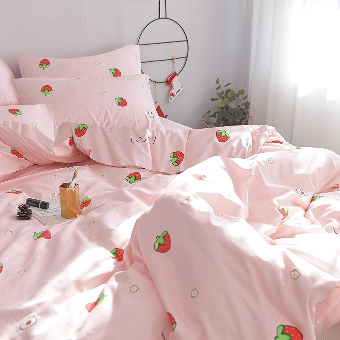 AOJIM Pink Kids Duvet Cover Set Cute Style, Pure Cotton Anime Bedding Comforter Cover Set 3pcs with Zipper Closure, 1 Super Soft Strawberry Duvet Cover and 2 Pillowcases for Room Decor, Twin XL Size