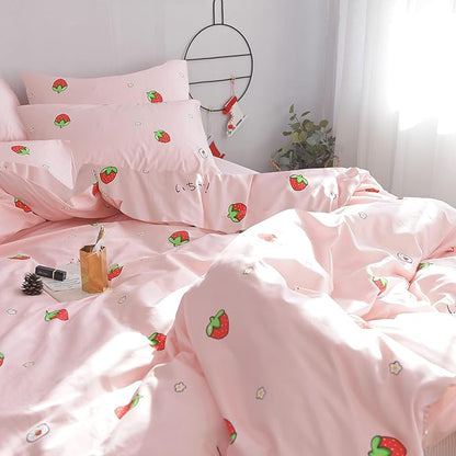 AOJIM Pink Kids Duvet Cover Set Cute Style, Pure Cotton Anime Bedding Comforter Cover Set 3pcs with Zipper Closure, 1 Super Soft Strawberry Duvet Cover and 2 Pillowcases for Room Decor, Twin XL Size
