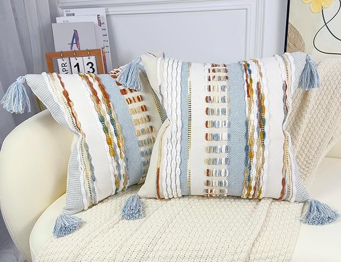 Boho Throw Pillow Covers 18x18 Aesthetic Neutral Boucle Couch Pillow Cover Rainbow Striped Decorative Accent Pillow Case for Couch Bed Sofa Farmhouse Bedroom,Modern Funky,Set of 2 Light Blue