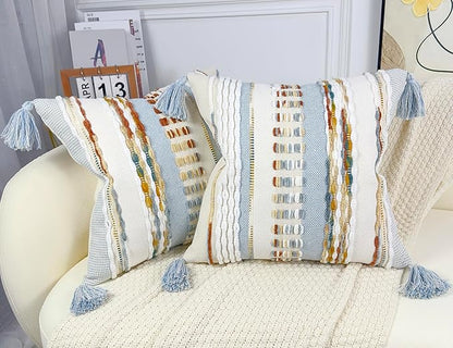 Boho Throw Pillow Covers 18x18 Aesthetic Neutral Boucle Couch Pillow Cover Rainbow Striped Decorative Accent Pillow Case for Couch Bed Sofa Farmhouse Bedroom,Modern Funky,Set of 2 Light Blue
