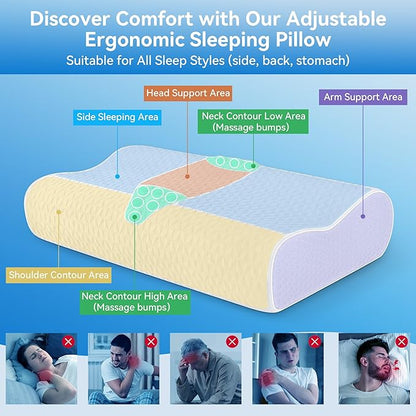 Cervical Neck Pillow for Pain Relief- Queen Size Pillow for Sleeping, Adjustable Memory Foam Pillows for Neck Shoulder, Ergonomic Cooling Contour Bed Pillow for Side, Stomach & Back Sleepers