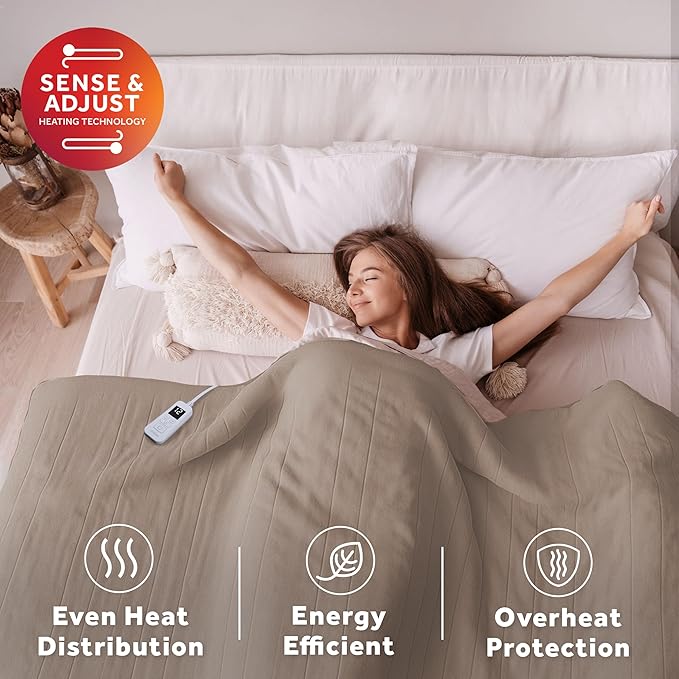 Sunbeam Electric Royal Luxe Microplush Heated Blanket, 12 Heat Settings, 12-Hour Auto Shut-Off, Fast Heating, Warm & Cozy, Machine Washable, Mushroom Color, Twin (84" x 62")