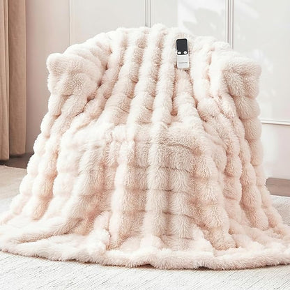 Heated Blanket Twin 62''x 84'', Fast Heating Electric Blanket Ultra-Soft Faux Rabbit Fur with 5 Heat Levels & 5H Auto Shut-Off, Overheat Protection, Machine Washable