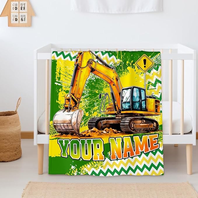 Boys Blanket Gifts Personalized Excavator Blankets for Kids Teens Adults - 60" x 80" Custom Name Cool Construction Car Themed Soft Lightweight Flannel Throws for Couch, Sofa, Bedroom Decor