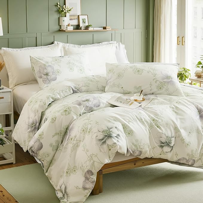 Floral Duvet Cover King Size 100% Cotton Reversible Green Floral Duvet Cover Set with Zipper Closure 3 Pcs Green Leaf Soft & Breathable Bedding Comforter Cover
