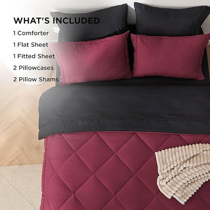 Bedsure King Size Comforter Set - 7 Pieces Reversible Burgundy and Black Bedding, King Size Bed Set for All Seasons, Bed in a Bag with Down Alternative Comforter, Sheets, Pillowcases & Shams
