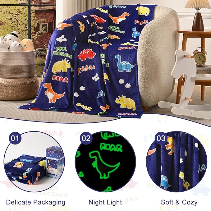 Dinosaur Glow in The Dark Blanket Dinosaur Toys Gifts for Boys Girls 1 2 3 4 5 6 7 8 9 10 11 12 Year Old Kids Blanket with Dino Soft Fleece Bed Couch Throw Home Decor (Navy Blue 60"x80")