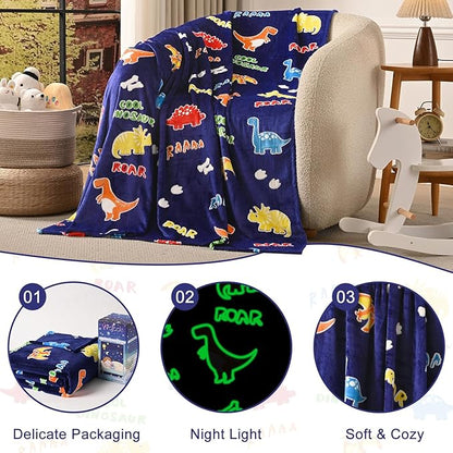 Dinosaur Glow in The Dark Blanket Dinosaur Toys Gifts for Boys Girls 1 2 3 4 5 6 7 8 9 10 11 12 Year Old Kids Blanket with Dino Soft Fleece Bed Couch Throw Home Decor (Navy Blue 60"x80")